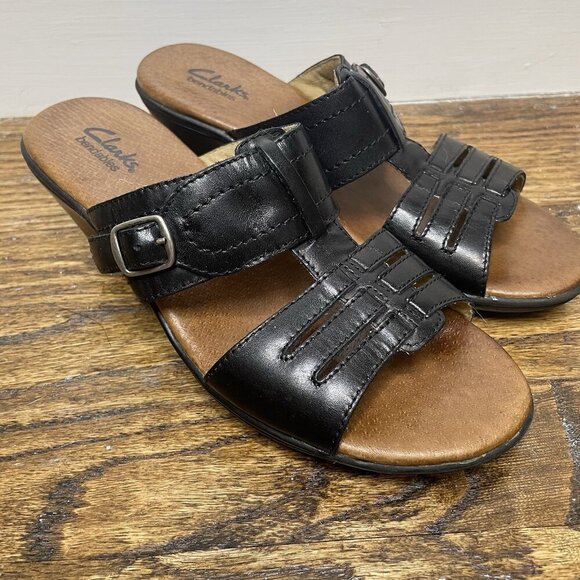 Clarks Black Bendables‎ Slip On Sandals 6M Open Back Leather Upper - Picture 6 of 11